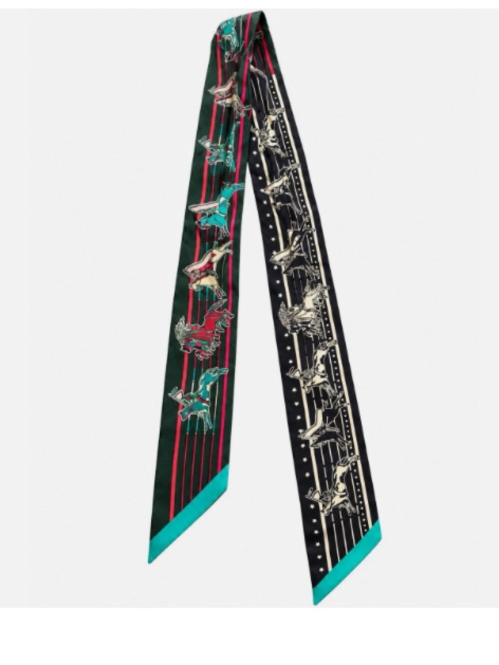 Hermes Silk Twilly Scarf Green Black Horse Equestrian Bandeau Hairband 32 x 2Inc